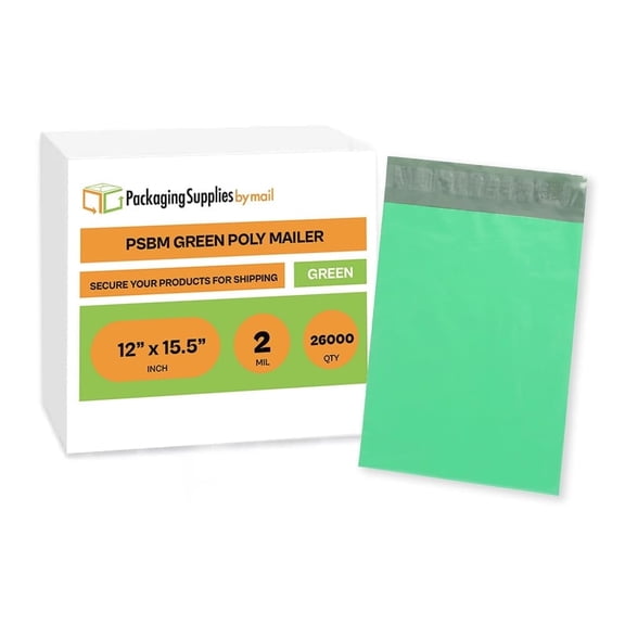 PSBM Green Poly Mailers 12" x 15.5" 26000 Pcs 2 Mil Bulk Glamour Bags Lightweight Self Adhesive for Shipping Need