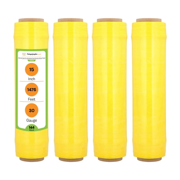 PSBM Pre-Stretch Wrap 15 Inch x 1476 Feet 144 Rolls 30 Gauge Yellow Plastic Tinted Hand Shrink Film for Pallet Moving Packing and Wrapping