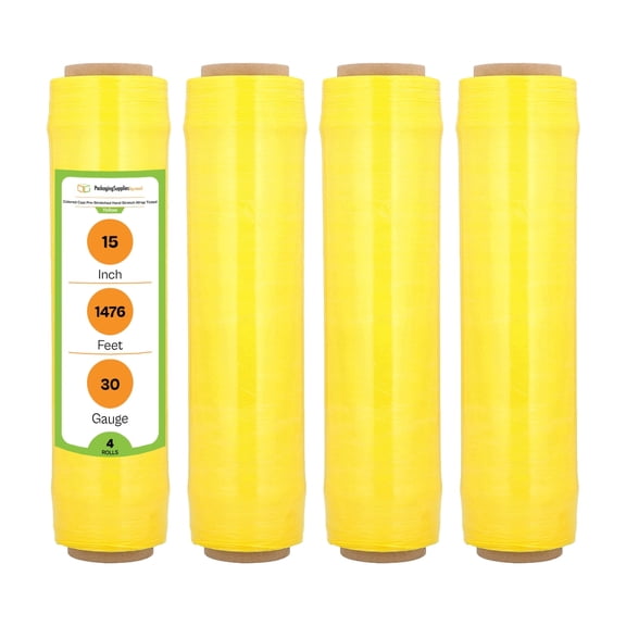 PSBM Pre-Stretch Wrap 15 Inch x 1476 Feet 4 Rolls 30 Gauge Yellow Plastic Tinted Hand Shrink Film for Pallet Moving Packing and Wrapping