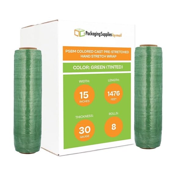 PSBM Pre-Stretch Wrap 15 Inch x 1476 Feet 8 Rolls 30 Gauge Green Plastic Tinted Hand Shrink Film for Pallet Moving Packing and Wrapping
