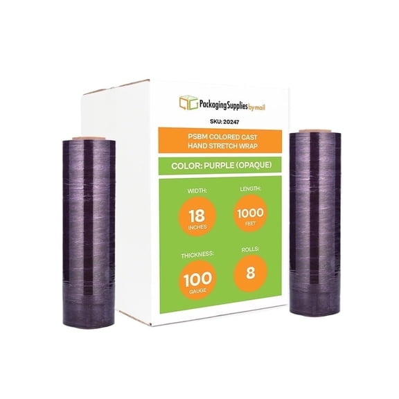 PSBM Cast Hand Stretch Wrap 18" x 1000' 8 Rolls 100 Gauge Plastic Purple Opaque Self Adhesive Shrink Film for Packing