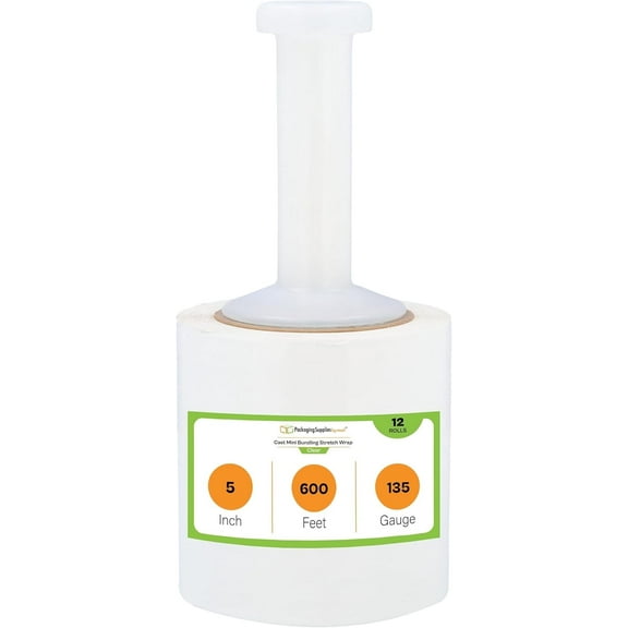 PSBM Cast Mini Hand Stretch Wrap 5" x 600' 12 Rolls 135 Gauge Clear Shrink Film for Packing 1 Free Plastic Dispenser Handle Per Case