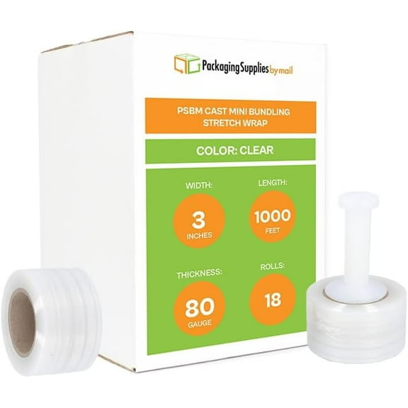 PSBM Cast Mini Hand Stretch Wrap 3" x 1000' 18 Rolls 80 Gauge Clear Shrink Film for Packing 1 Free Plastic Dispenser Handle Per Case Made in USA
