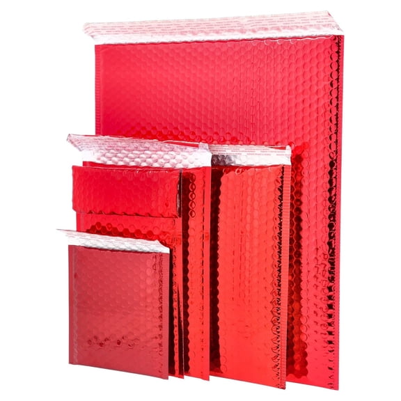 PSBM Red Bubble Mailers, 13.75 x 11 Inch, 50 Pack, Shiny Metallic, Padded Glamour Shipping Envelope, Self Seal and Peel Strip