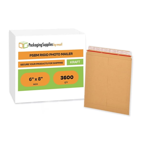 PSBM Kraft Rigid Mailers 6" x 8" Water Resistant Self-Adhesive Mailers 3600 Pcs Perfect for Shipping Retail Documents
