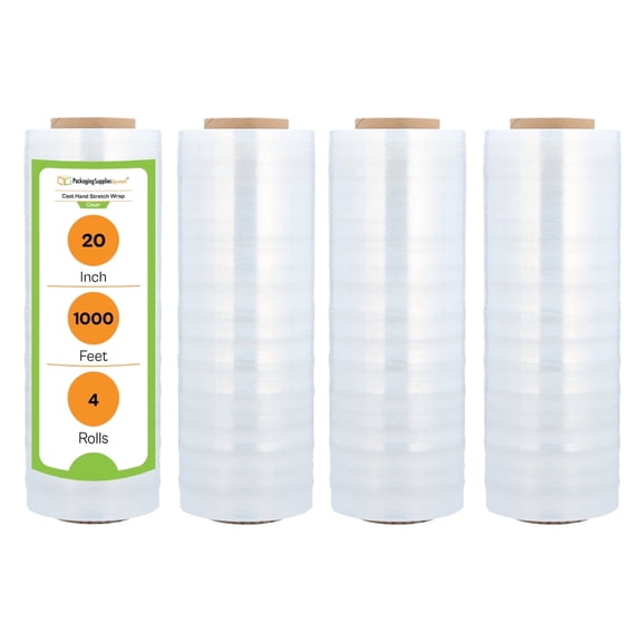 PSBM Cast Hand Stretch Wrap 20" x 1000' 4 Rolls 80 Gauge Clear Plastic Shrink Film for Packing Moving Packaging and Wrapping