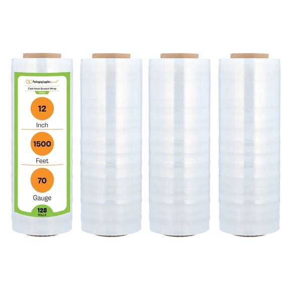 PSBM Cast Hand Stretch Wrap 12" x 1500' 128 Rolls 70 Gauge Clear Plastic Shrink Film for Packing Moving Packaging and Wrapping