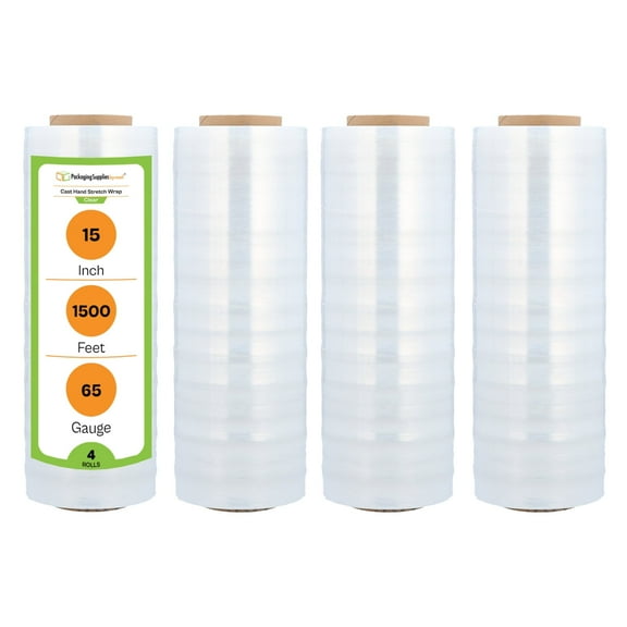 PSBM Stretch Wrap 15 Inch x 1500 Feet 65 Gauge 4 Rolls Clear Plastic Cast Hand Shrink Film for Packaging Moving Packing Pallets