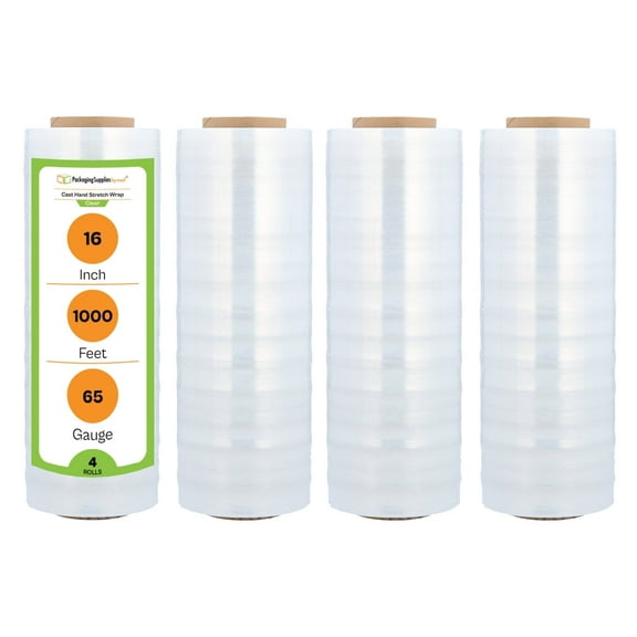 PSBM Stretch Wrap 16 Inch x 1500 Feet 65 Gauge 4 Rolls Clear Plastic Cast Hand Shrink Film for Packaging Moving Packing Pallets