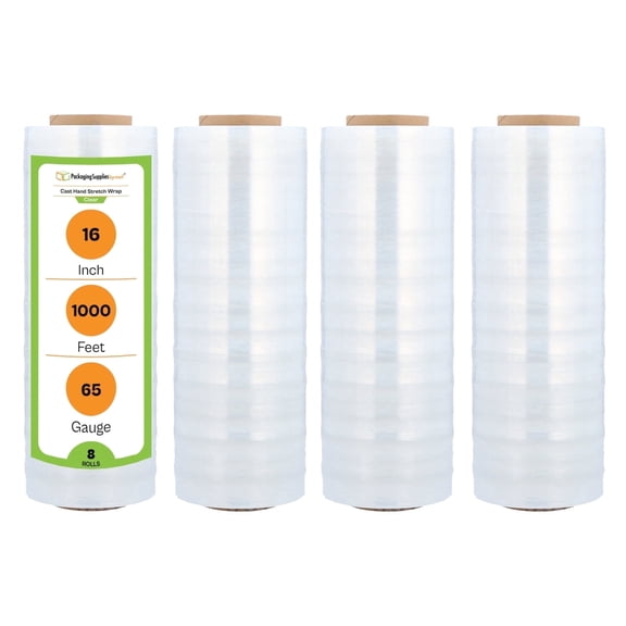PSBM Stretch Wrap 16 Inch x 1500 Feet 65 Gauge 8 Rolls Clear Plastic Cast Hand Shrink Film for Packaging Moving Packing Pallets
