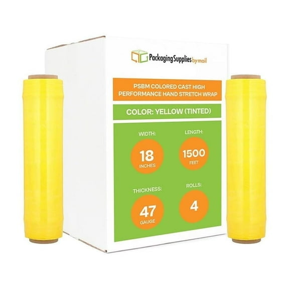 PSBM Stretch Wrap 18 Inch x 1500 Feet 4 Rolls 47 Gauge Yellow Tinted Hand Shrink Film for Pallet Packaging Moving Packing and Wrapping