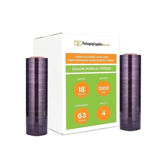 PSBM Stretch Wrap 18 Inch x 1500 Feet 4 Rolls 63 Gauge Purple Tinted Hand Shrink Film for Pallet Packaging Moving Packing and Wrapping