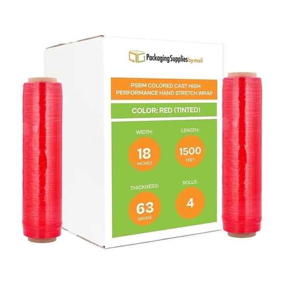 PSBM Stretch Wrap 18 Inch x 1500 Feet 4 Rolls 63 Gauge Red Tinted Hand Shrink Film for Pallet Packaging Moving Packing and Wrapping