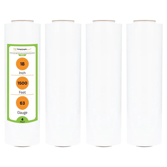 PSBM Stretch Wrap 18 Inch x 1500 Feet 4 Rolls 63 Gauge White Opaque Hand Shrink Film for Pallet Packaging Moving Packing and Wrapping