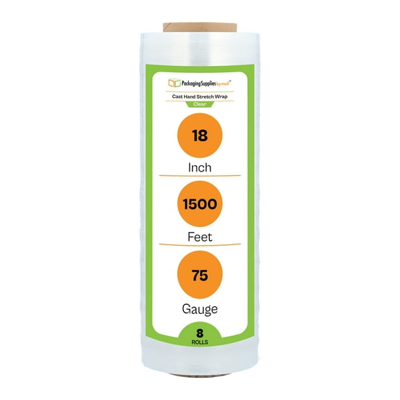 PSBM Stretch Wrap 18 Inch x 1500 Feet 75 Gauge 8 Rolls Clear Plastic Cast Hand Shrink Film for Packaging Moving Packing Pallets
