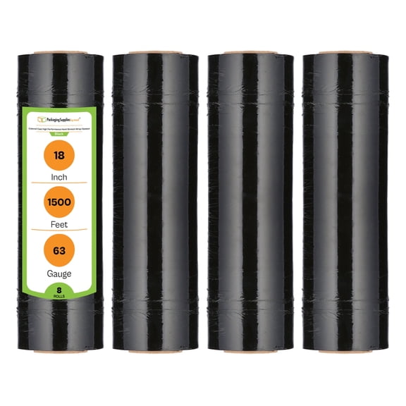 PSBM Stretch Wrap 18 Inch x 1500 Feet 8 Rolls 63 Gauge Black Opaque Hand Shrink Film for Pallet Packaging Moving Packing and Wrapping