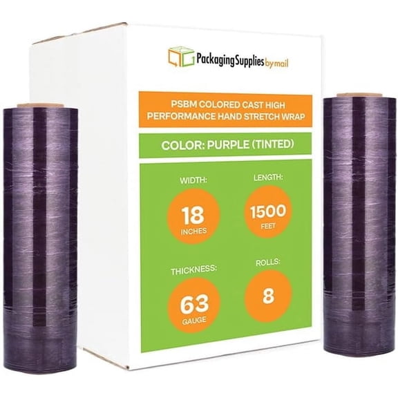 PSBM Stretch Wrap 18 Inch x 1500 Feet 8 Rolls 63 Gauge Purple Tinted Hand Shrink Film for Pallet Packaging Moving Packing and Wrapping