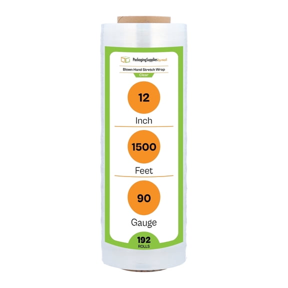 PSBM Blown Hand Stretch Wrap 12 Inch x 1500 Feet 192 Rolls 90 Gauge Clear Plastic Shrink Film for Moving Packing