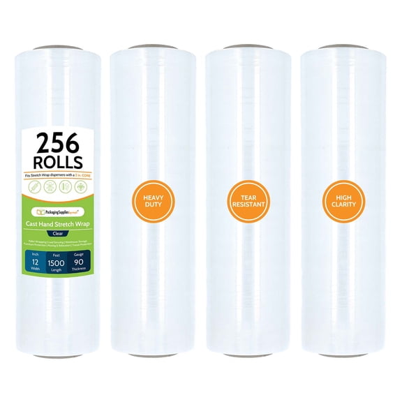 PSBM Cast Hand Stretch Wrap 12" x 1500' 256 Rolls 90 Gauge Clear Plastic Shrink Film for Packing Moving Packaging and Wrapping