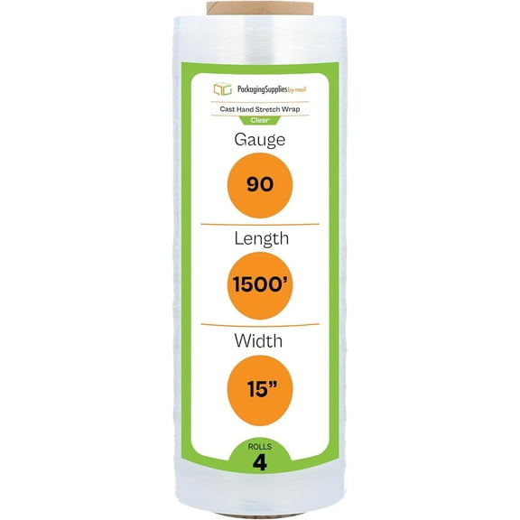 PSBM Stretch Wrap, 4 Pack, 15 Inch x 1500 Feet, 90 Gauge, Clear Plastic Cling, Cast Hand Stretch Film Rolls for Packaging Moving Packing Pallets
