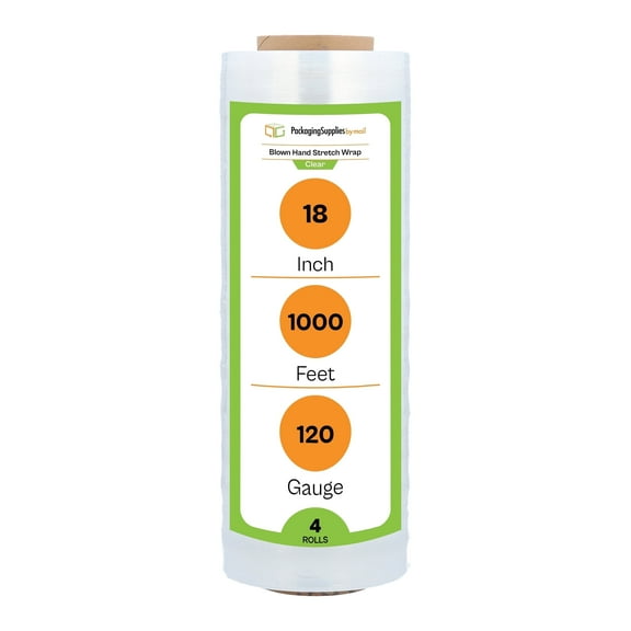 PSBM Blown Hand Stretch Wrap 18 Inch x 1000 Feet 4 Rolls 120 Gauge Clear Plastic Shrink Film for Moving Packing