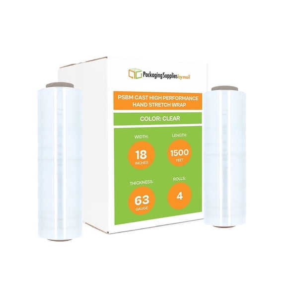 PSBM Hand Stretch Wrap 18" x 1500' 4 Rolls 63 Gauge Clear Plastic Shrink Film for Moving Packing and Wrapping