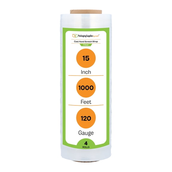 PSBM Cast Hand Stretch Wrap 15" x 1000' 4 Rolls 120 Gauge Clear Plastic Shrink Film for Packing Moving Packaging and Wrapping