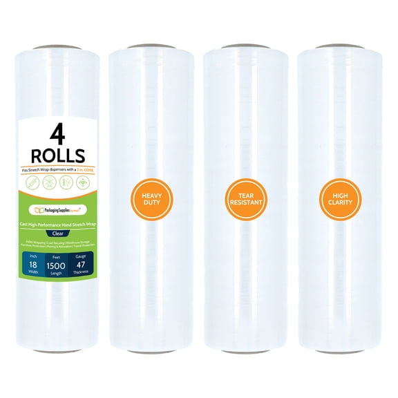 PSBM Stretch Wrap, 4 Rolls 18 Inch x 1500 Feet 80 Gauge Equivalent Heavy Duty up to 800% Ultimate Stretch Clear Plastic Wrap Industrial Strength Shrink Film for Moving, Packing & Shipping