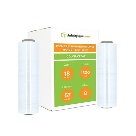 PSBM Hand Stretch Wrap 18" x 1500' 8 Rolls 57 Gauge Clear Plastic Shrink Film for Moving Packing and Wrapping