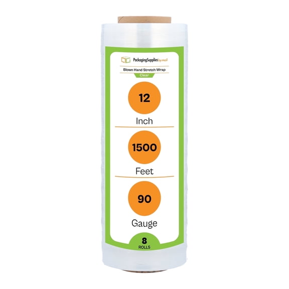 PSBM Blown Hand Stretch Wrap 12 Inch x 1500 Feet 8 Rolls 90 Gauge Clear Plastic Shrink Film for Moving Packing