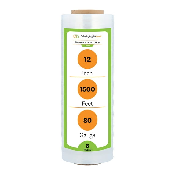 PSBM Blown Hand Stretch Wrap 12 Inch x 1500 Feet 8 Rolls 80 Gauge Clear Plastic Shrink Film for Moving Packing