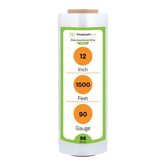 PSBM Blown Hand Stretch Wrap 12 Inch x 1500 Feet 96 Rolls 90 Gauge Clear Plastic Shrink Film for Moving Packing