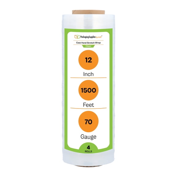 PSBM Cast Hand Stretch Wrap 12" x 1500' 4 Rolls 70 Gauge Clear Plastic Shrink Film for Packing Moving Packaging and Wrapping