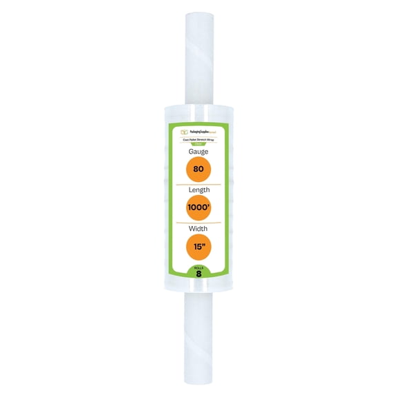 PSBM Stretch Wrap with Extended Core Handles 15 Inch x 1000 Feet 8 Rolls 80 Gauge Clear Plastic Cast Hand Shrink Film