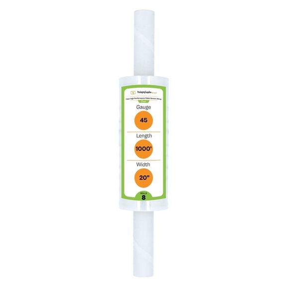 PSBM Stretch Wrap with Extended Core Handles 20 Inch x 1000 Feet 45 Gauge 8 Rolls Clear Plastic Shrink Film for Pallet Packaging