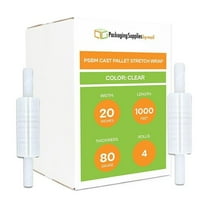 PSBM Stretch Wrap with Extended Core Handles 20 Inch x 1000 Feet 80 Gauge 4 Rolls Clear Plastic Cast Hand Shrink Film for Packaging