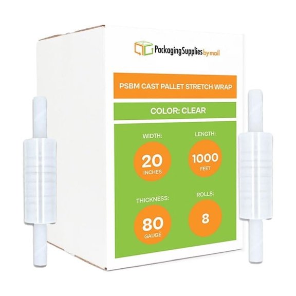 PSBM Stretch Wrap with Extended Core Handles 20 Inch x 1000 Feet 80 Gauge 8 Rolls Clear Plastic Cast Hand Shrink Film for Packaging