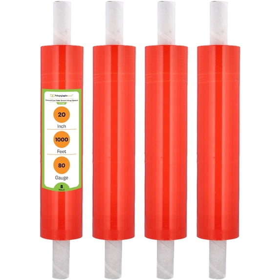 PSBM Cast Stretch Wrap with Extended Core Handles 20 Inch x 1000 Feet 80 Gauge 8 Rolls Plastic Orange Opaque Hand Shrink Film for Packaging