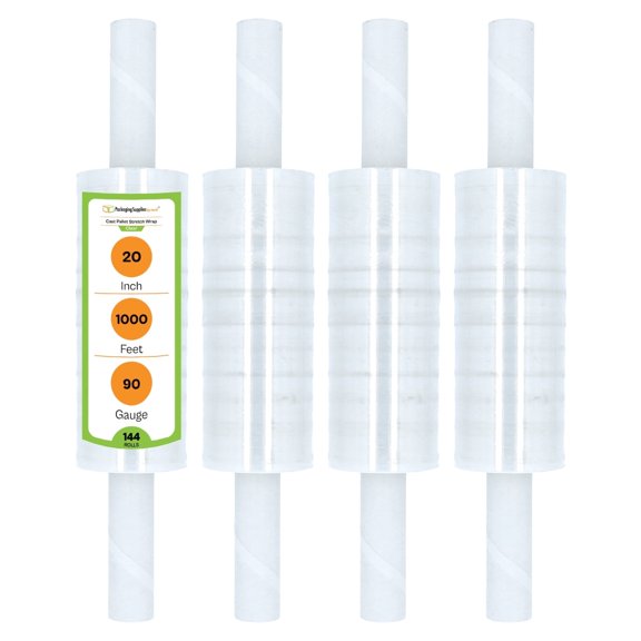 PSBM Stretch Wrap with Extended Core Handles 20 Inch x 1000 Feet 90 Gauge 144 Rolls Clear Plastic Cast Hand Shrink Film for Packaging