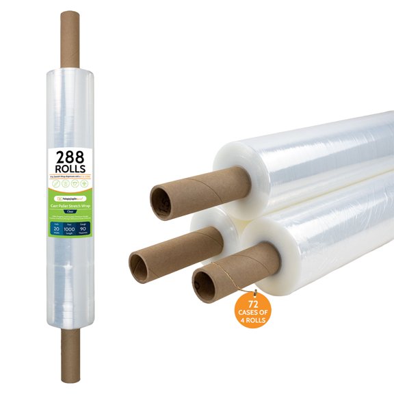 PSBM Stretch Wrap with Extended Core Handles 20 Inch x 1000 Feet 90 Gauge 288 Rolls Clear Plastic Cast Hand Shrink Film for Packaging