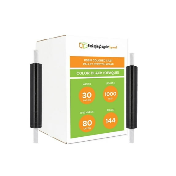 PSBM Stretch Wrap with Extended Core Handles 30 Inch x 1000 Feet 80 Gauge 144 Rolls Black Plastic Opaque Cast Hand Shrink Film for Packaging