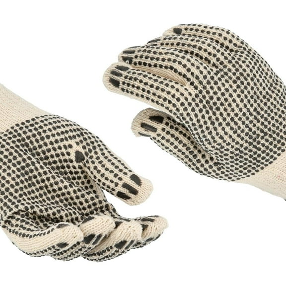 PSBM String Knit Work Gloves Tan/Natural Color Women's 9.5" Size 7 Ga PVC Double Sided Dot 12 Pairs Cotton/Poly Blend