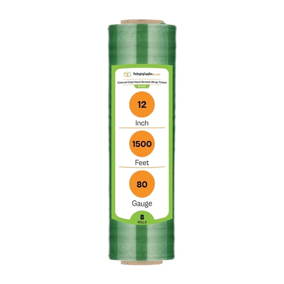 PSBM Cast Hand Stretch Wrap 12" x 1500' 8 Rolls 80 Gauge Plastic Green Tinted Self Adhesive Shrink Film for Packing
