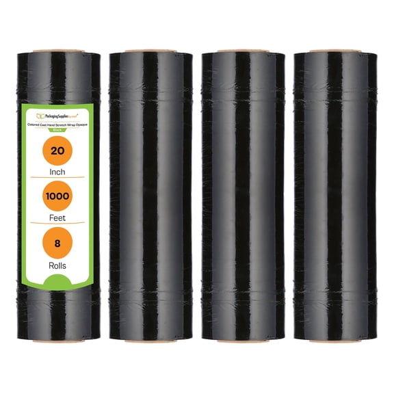 PSBM Cast Hand Stretch Wrap 20" x 1000' 8 Rolls 70 Gauge Plastic Black Opaque Self Adhesive Shrink Film for Packaging