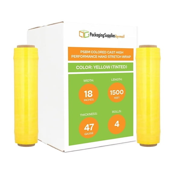 PSBM Tinted Yellow Stretch Wrap, 4 Rolls 18 Inch x 1500 Feet 47 Gauge Heavy Duty Plastic Wrap Industrial Strength Shrink Film for Moving, Packing & Shipping