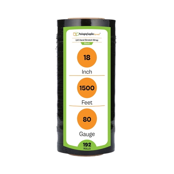 PSBM UVI Protection Hand Stretch Wrap 18 Inch x 1500 Feet 192 Rolls 80 Gauge Black Plastic Shrink Film for Moving Packing