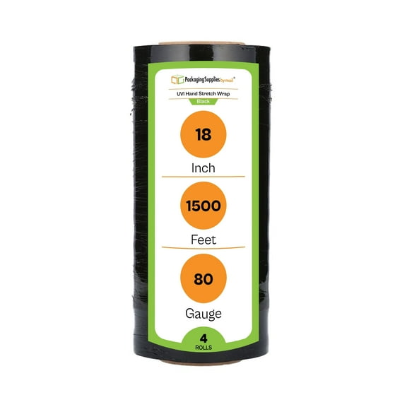 PSBM UVI Protection Hand Stretch Wrap 18 Inch x 1500 Feet 4 Rolls 80 Gauge Black Plastic Shrink Film for Moving Packing
