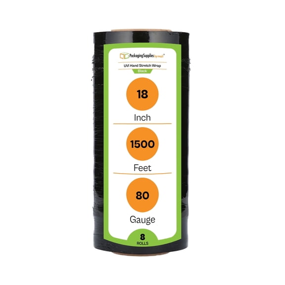 PSBM UVI Protection Hand Stretch Wrap 18 Inch x 1500 Feet 8 Rolls 80 Gauge Black Plastic Shrink Film for Moving Packing