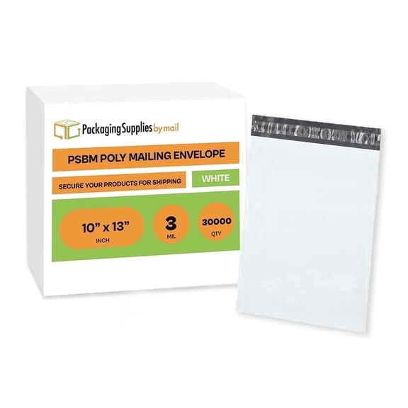 PSBM White Poly Mailers 30000 Pcs 3 Mil 10" x 13" Durable Tamper proof Self Adhesive Bags for Office Shipping Use