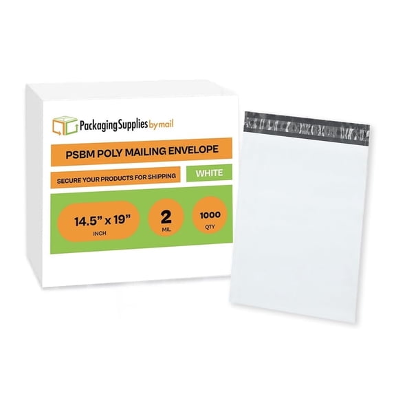 PSBM White Poly Mailers 14.5" x 19" Strong Self-Adhesive Lightweight Bags for Office Retail and Shipping 1000 Pcs 2 Mil